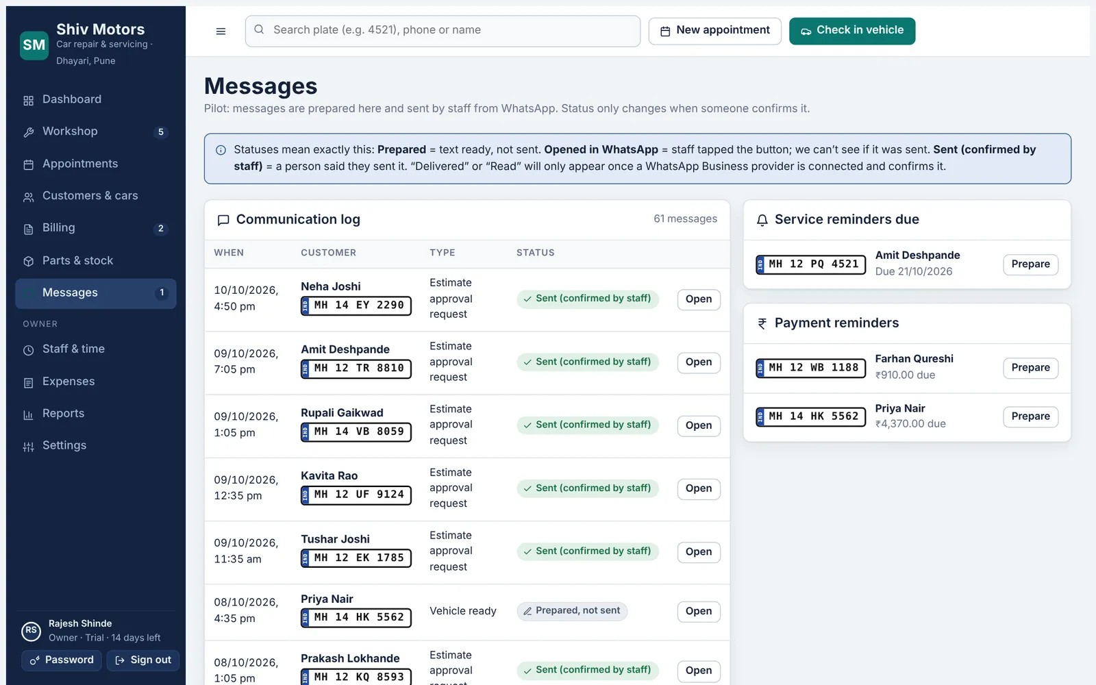 Message log with WhatsApp messages and their status